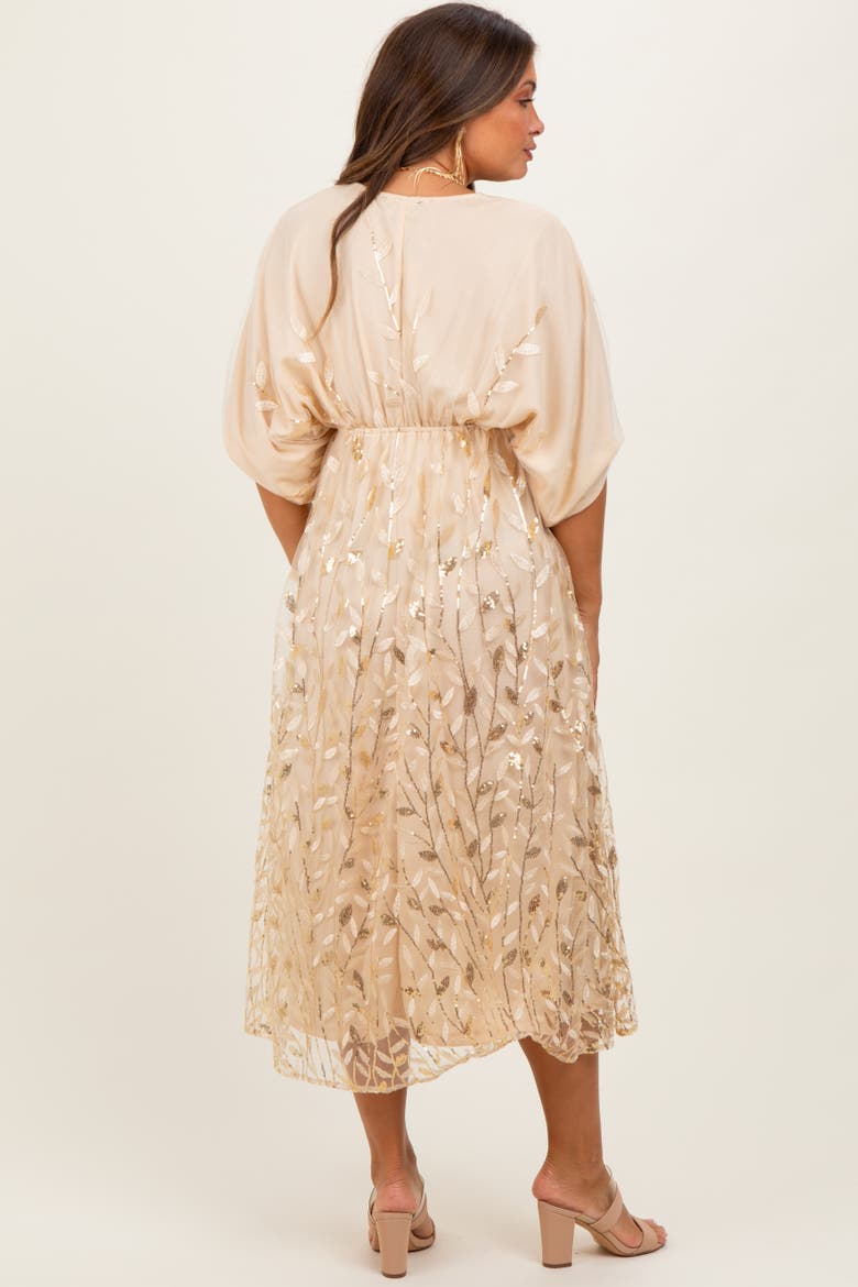 Embroidered Tulle Dolman V-Neck Midi Dress, Alternate, color, Gold