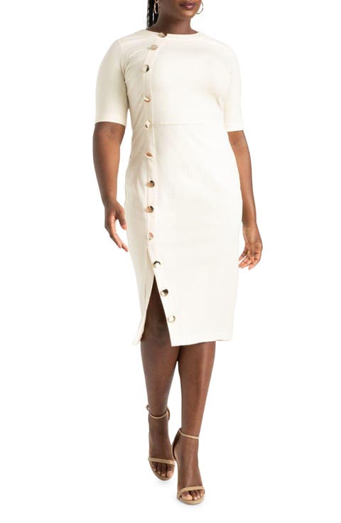 Workwear Side Button Sheath Midi Dress (Plus)