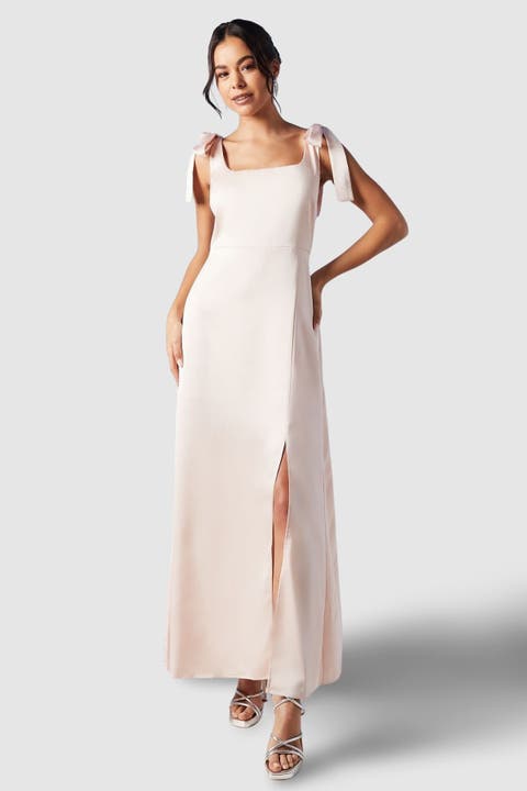 Satin Midi Tie Shoulder Bridesmaid Dress