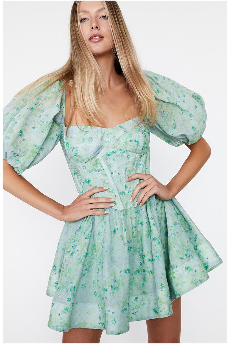 Kiah Puff Sleeve Corset Minidress, Alternate, color, GREEN FLORAL