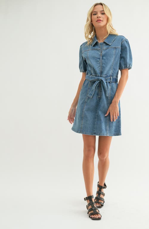 Wishlist Puff Sleeve Belted Denim Minidress In Blue