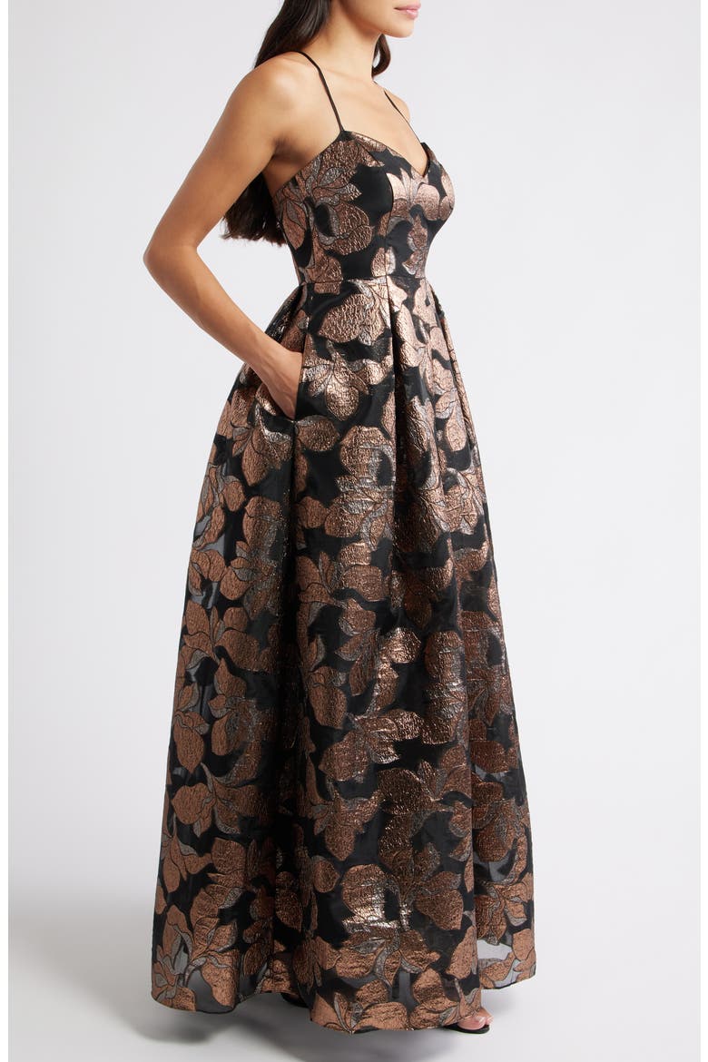 Metallic Floral Jacquard Ballgown, Alternate, color, BLACK BRONZE