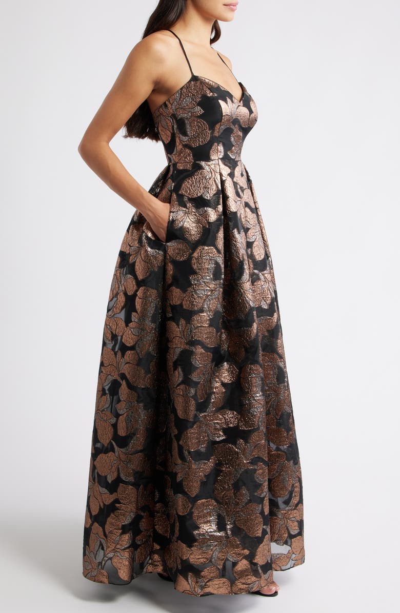 Eliza J Metallic Floral Jacquard Ballgown, Alternate, color, Black Bronze