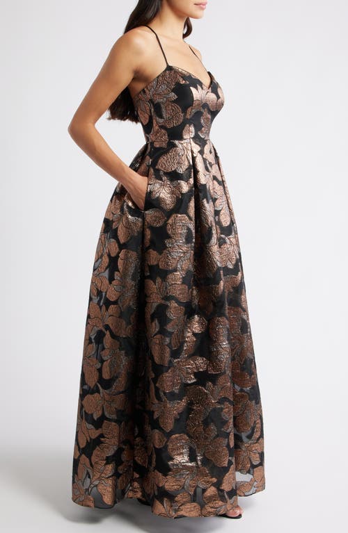 Eliza J Metallic Floral Jacquard Ballgown In Brown