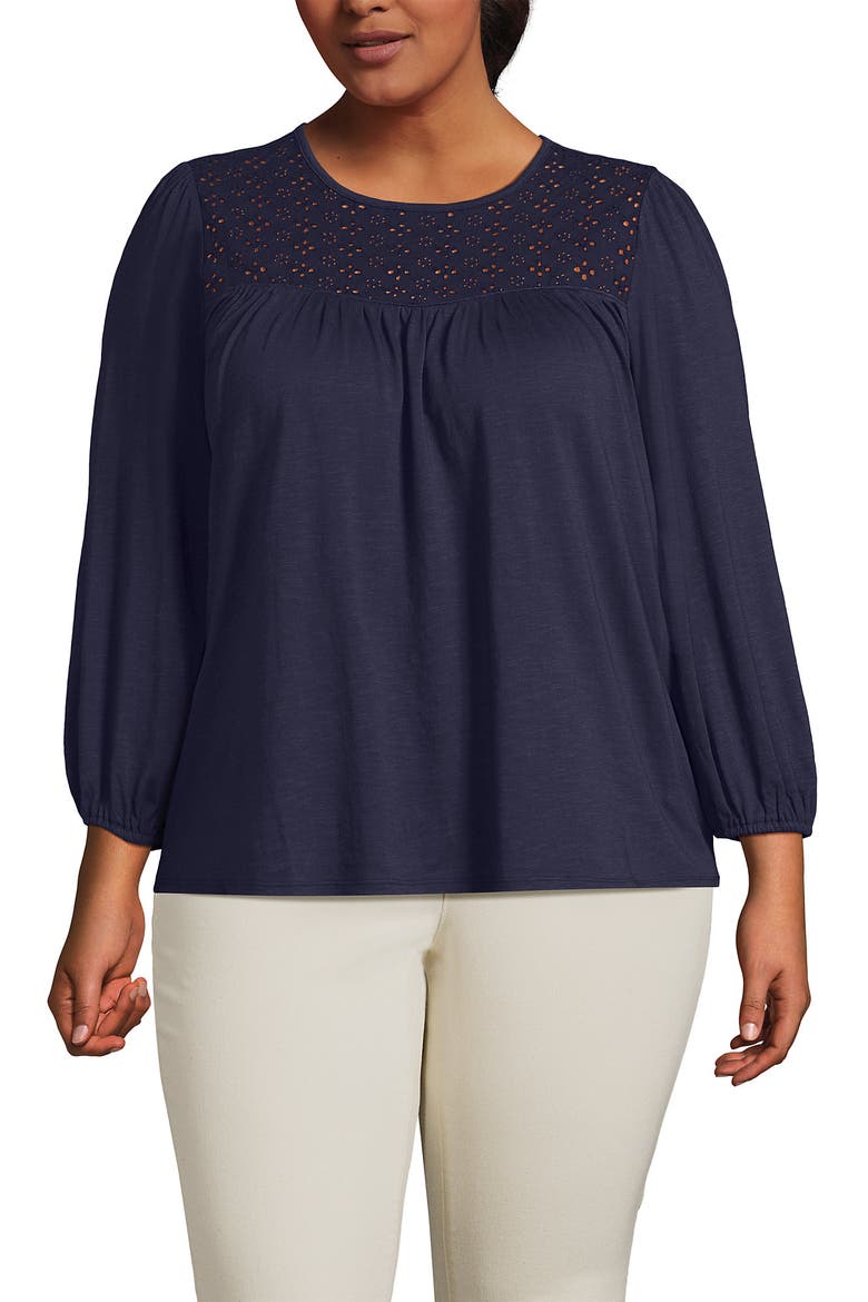 Plus Size 3/4 Sleeve Eyelet Mix Flowy Top, Main, color, Faded Navy
