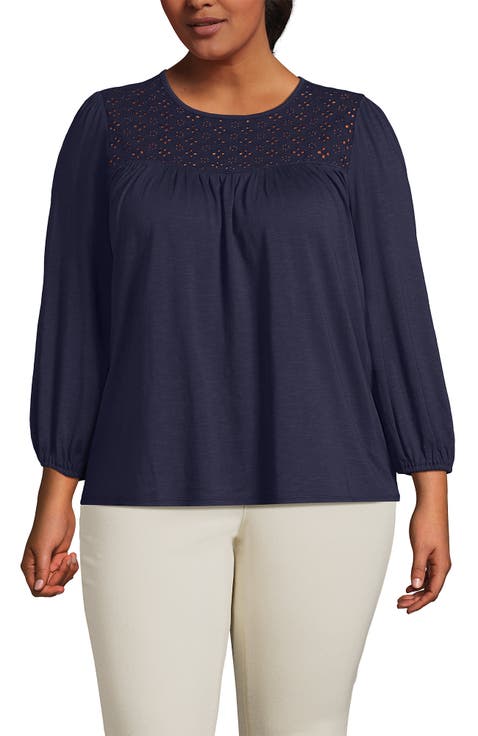 3/4 Sleeve Eyelet Mix Flowy Top