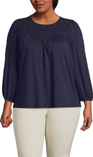 Lands' End 3/4 Sleeve Eyelet Mix Flowy Top