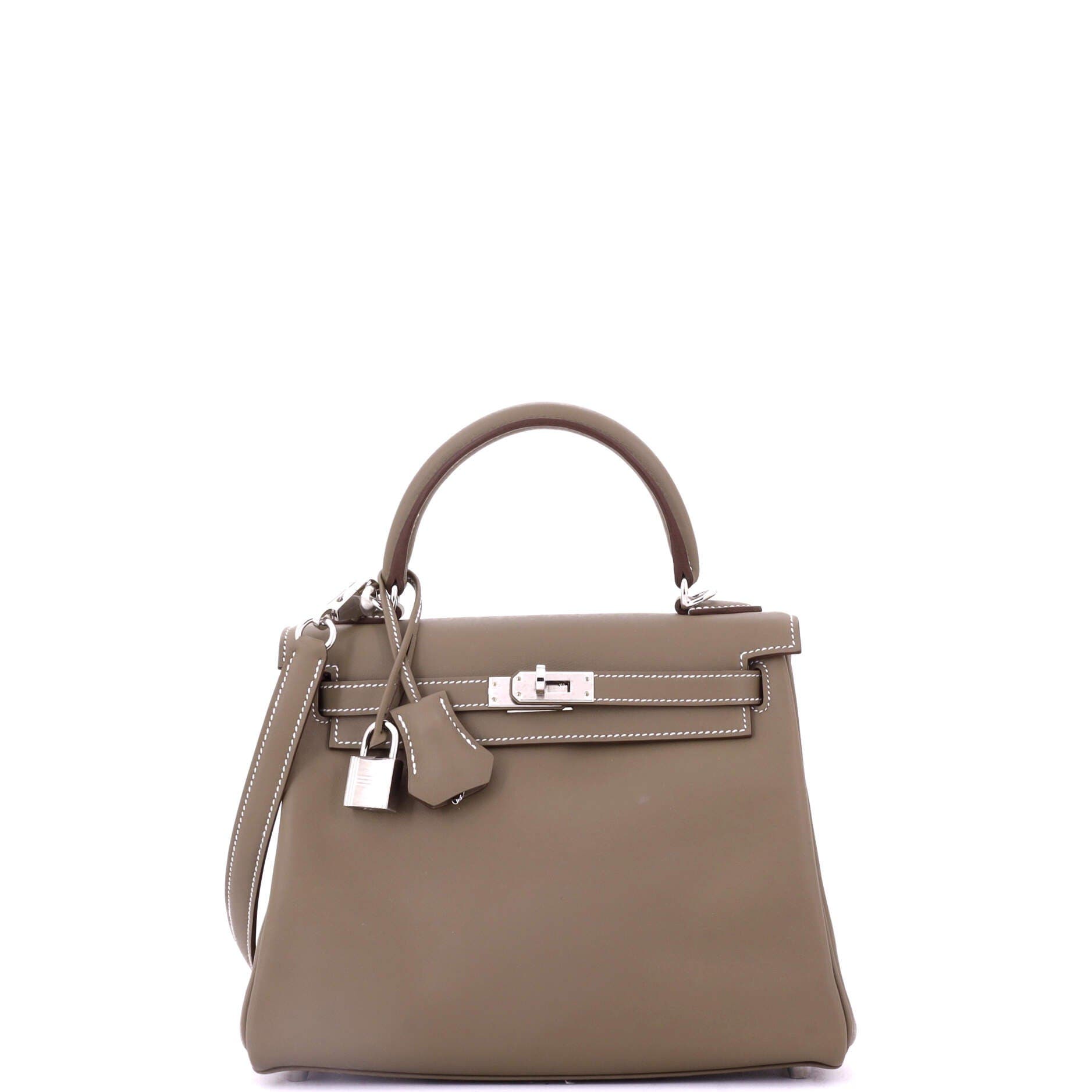Pre-Owned Hermes Kelly Handbag Grey Swift with Palladium Hardware 25, Main, color, 