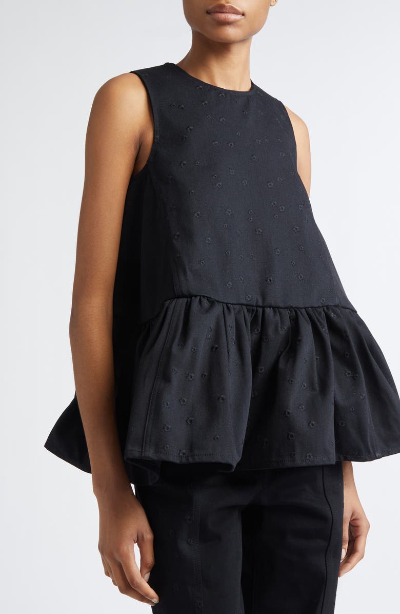 Cecilie Bahnsen Barbara Floral Embroidered Denim Peplum Top, Alternate, color, Black