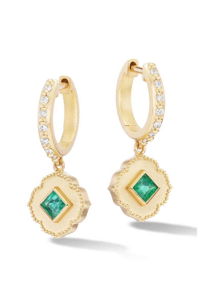 Lotus Emerald & Diamond Huggie Hoop Earrings, Main, color, GREEN