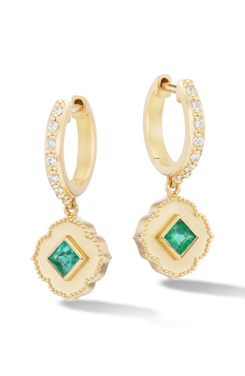 Lotus Emerald & Diamond Huggie Hoop Earrings