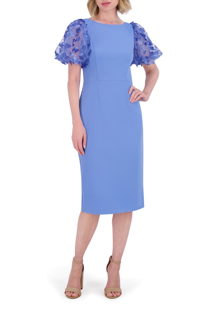 Eliza J Floral Butterfly Appliqué Puff Sleeve Sheath Dress, Main, color, 