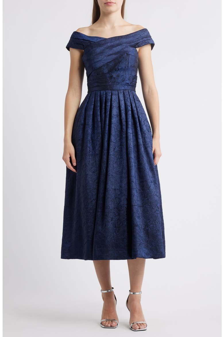 Crushed Taffeta Off the Shoulder Cocktail Dress, Main, color, NAVY