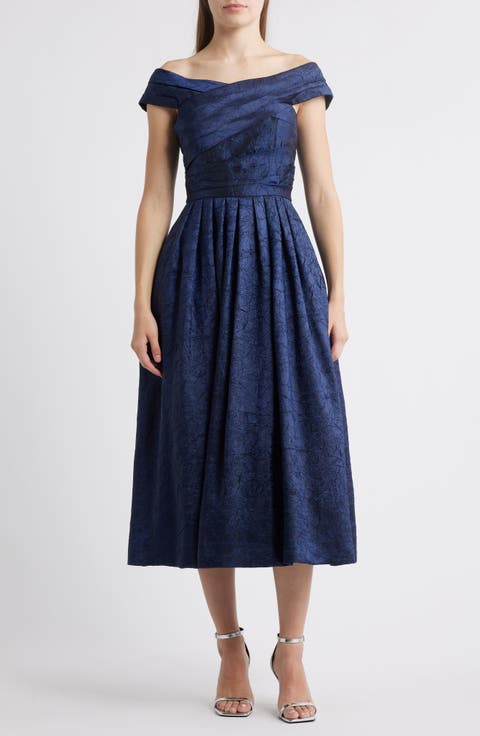 Crushed Taffeta Off the Shoulder Cocktail Dress