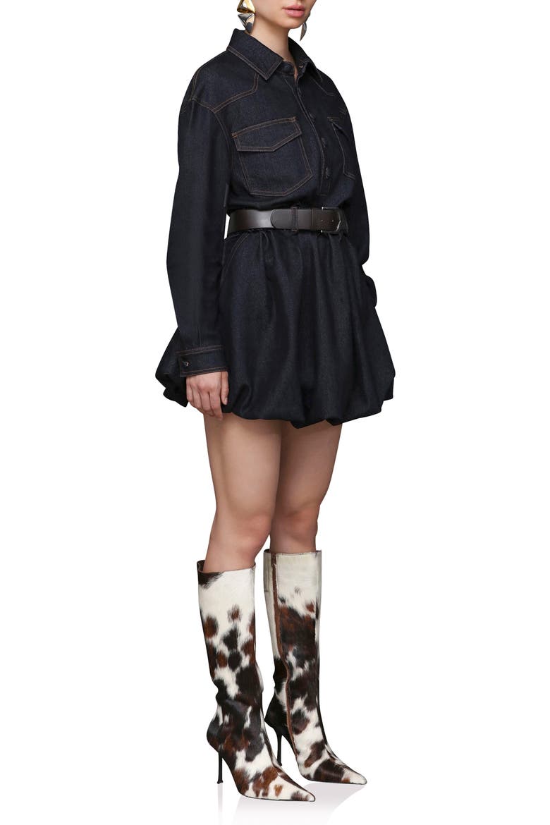 Long Sleeve Bubble Hem Denim Mini Shirtdress, Alternate, color, DARK RINSE