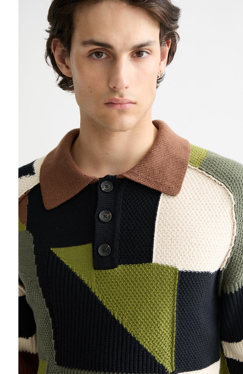 Scotch & Soda Pieced Patchwork Polo Sweater, Alternate, color, Zigzag Patchwork