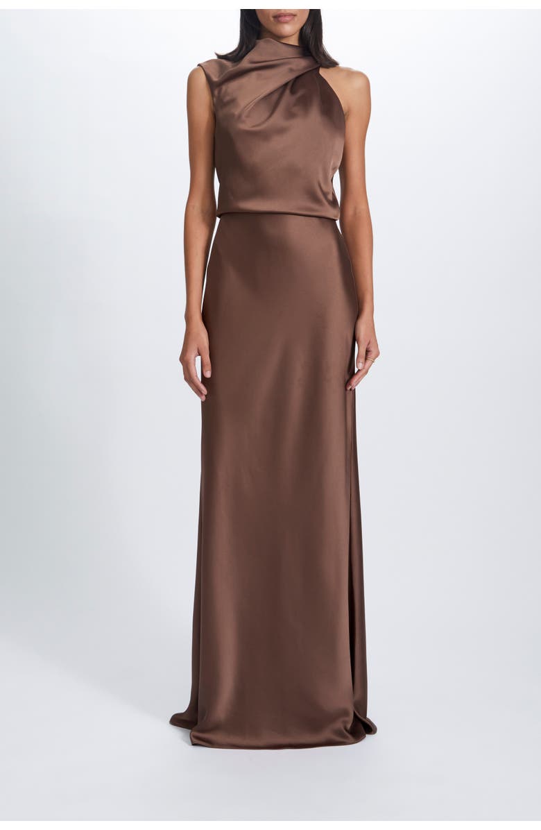 Amsale Fluid Satin Draped Neck Dress, Main, color, Truffle