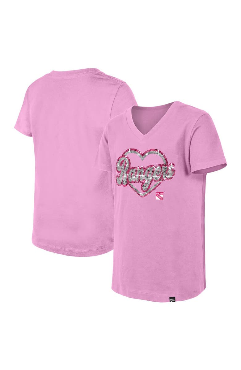 New Era Girl's Youth New Era Pink New York Rangers Flip Sequin V-Neck T-Shirt, Main, color, Pink