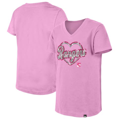 Girl's Youth New Era  Pink New York Rangers Flip Sequin V-Neck T-Shirt