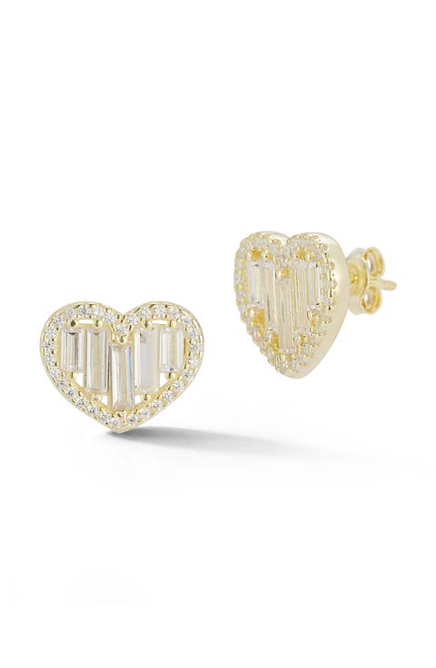 14K Gold Plate Cubic Zirconia Heart Stud Earrings