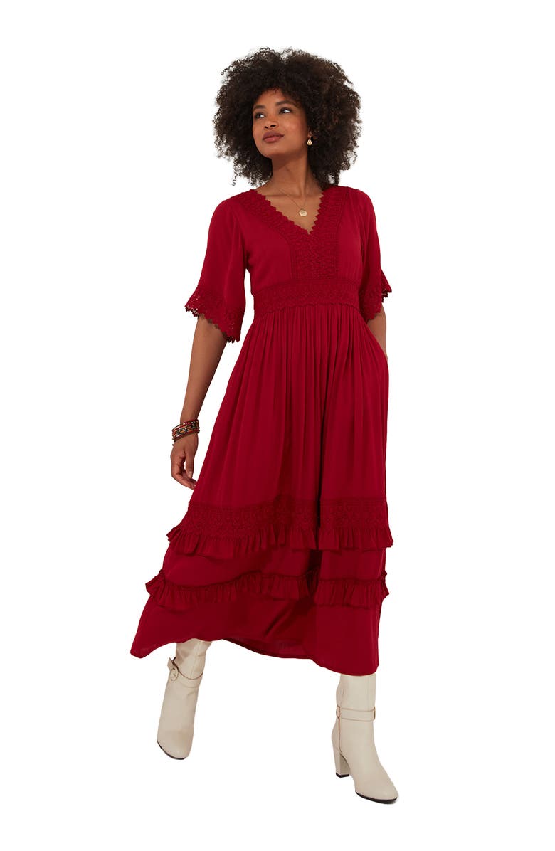 Joe Browns Crochet Trim Boho Midi Dress, Main, color, Classic Red