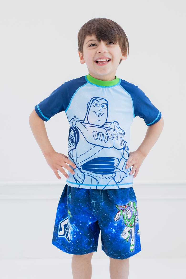 Toy Story Swimwear 2-Piece Rash Guard and Swim Trunks Set, Alternate, color, Buzz Aliens Blue