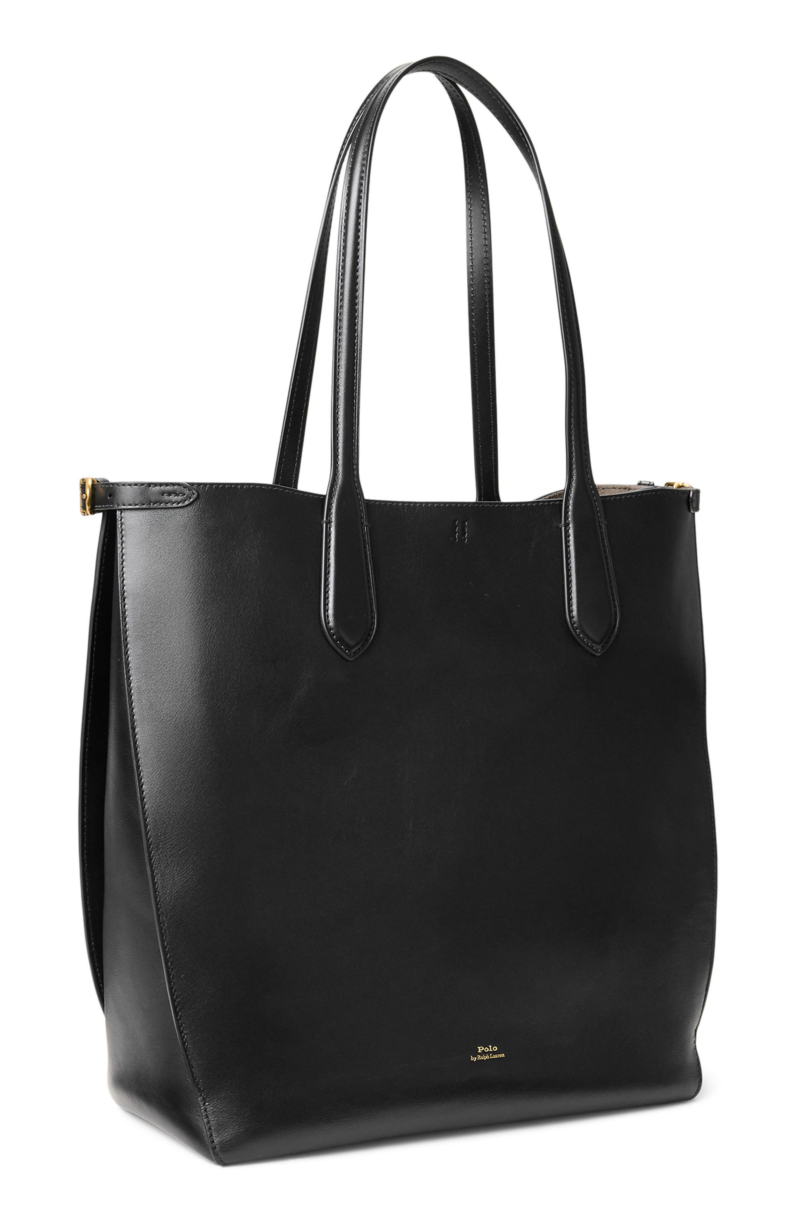 Polo Ralph Lauren Calfskin Leather Tote Bag, Alternate, color, Black