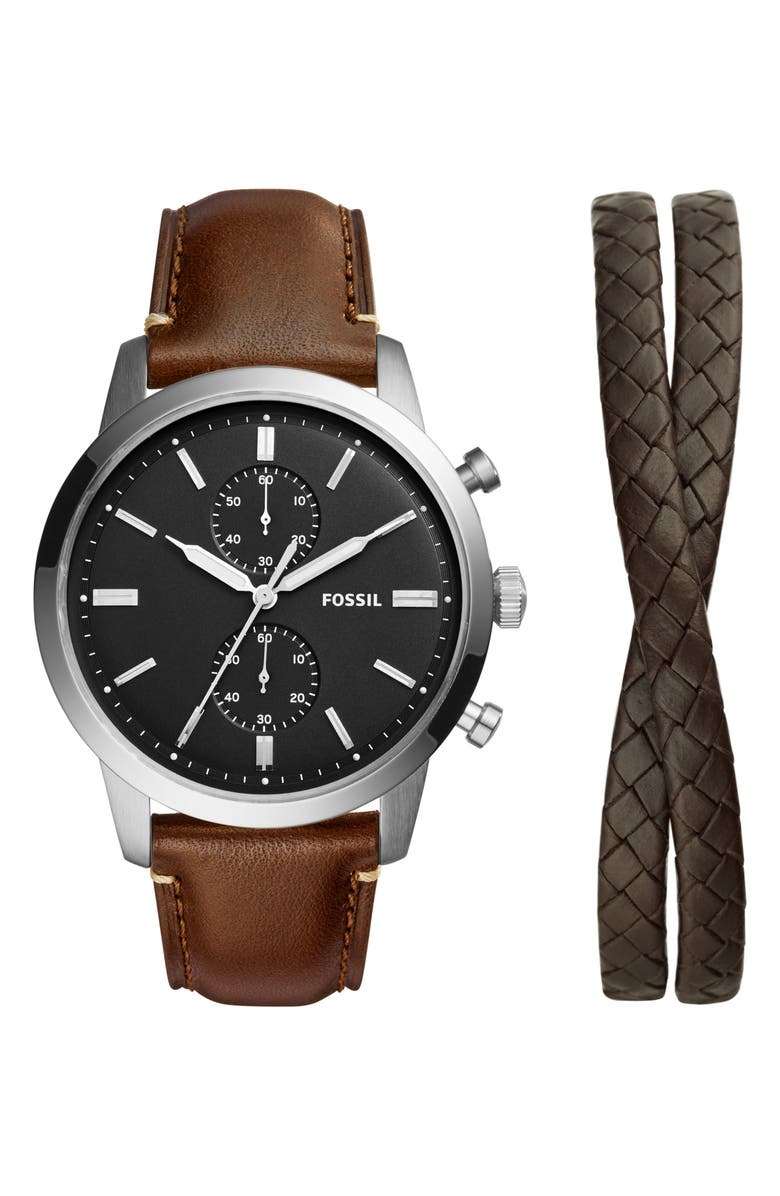 Fossil Townsman Chronograph Leather Strap Watch & Leather Bracelet Set, Main, color, 