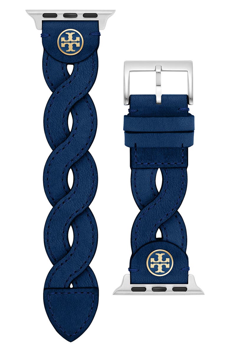 Tory Burch Braided Leather Apple Watch<sup>®</sup> Watchband, Alternate, color, 