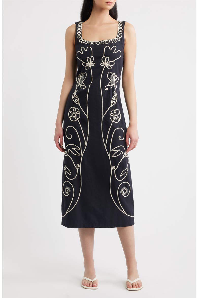 Ruxandra Embroidered Midi Dress, Main, color, BLACK