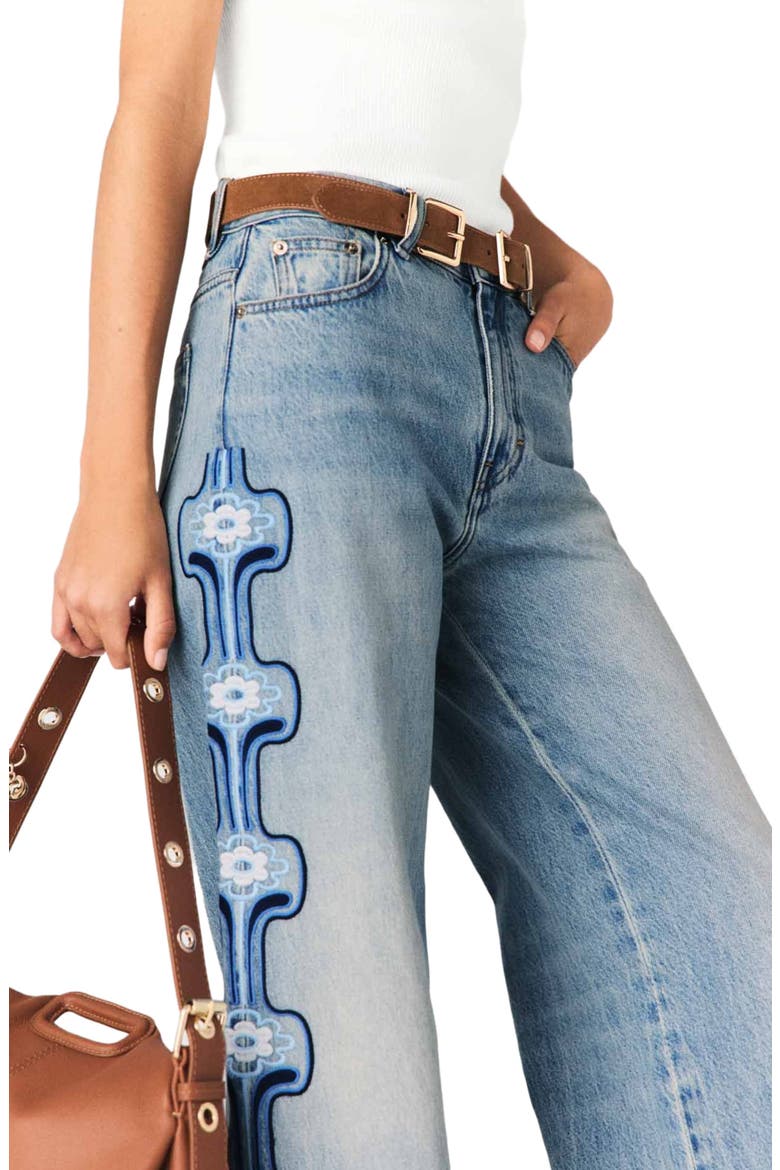 Floral embroidered wide-leg jeans, Alternate, color, Blue
