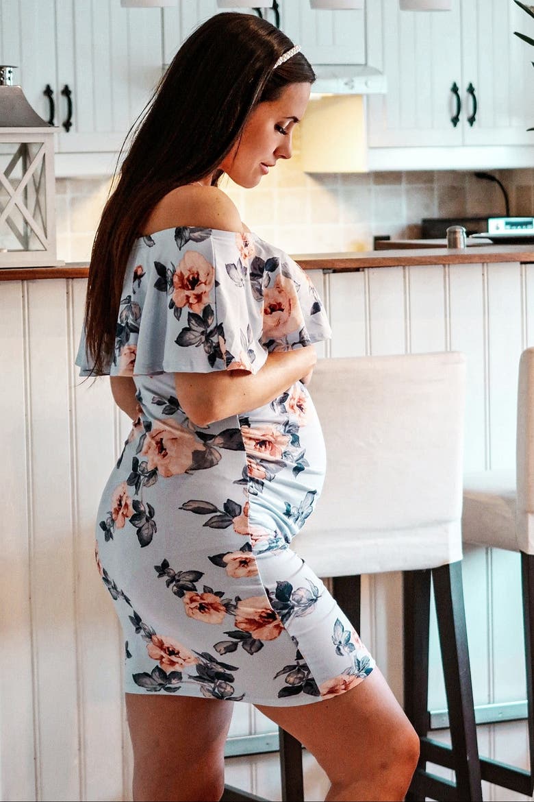 Rose Print Ruffle Fitted Maternity Dress, Alternate, color, Light Blue
