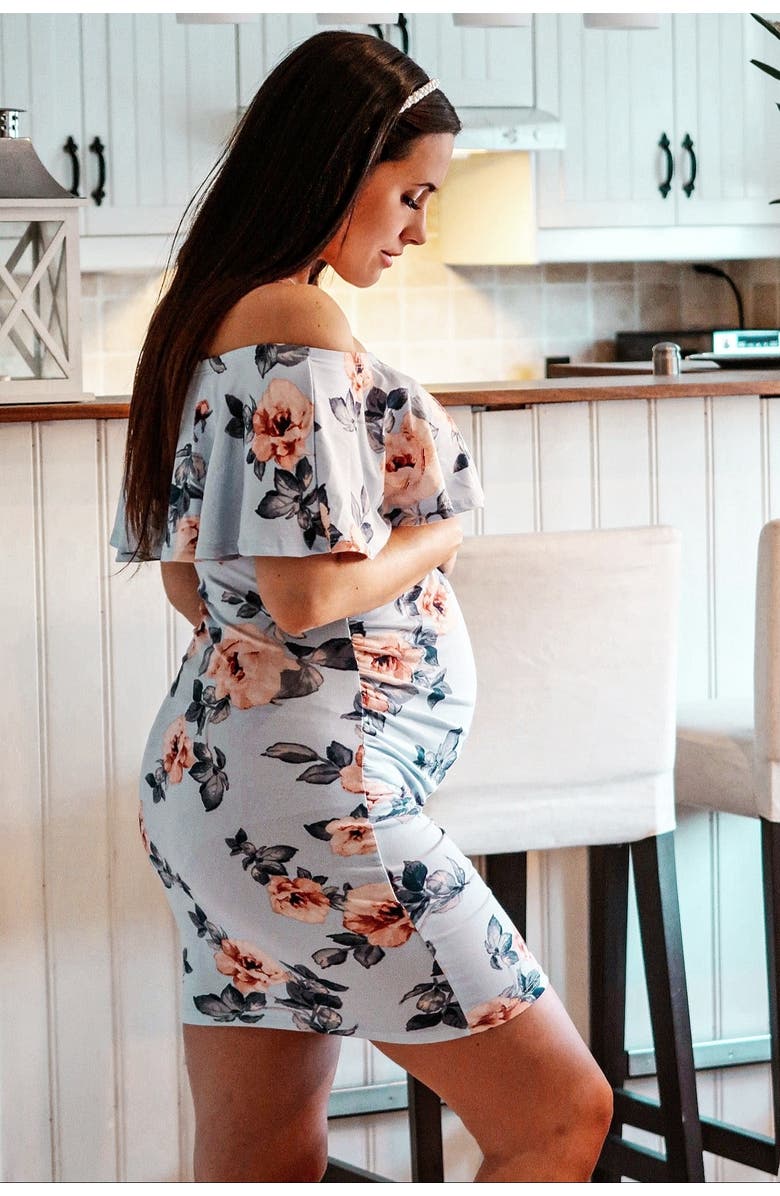 PinkBlush Rose Print Ruffle Fitted Maternity Dress, Alternate, color, 