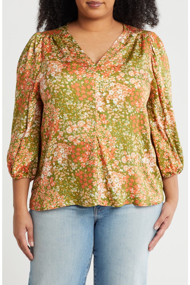 Floral V-Neck Long Sleeve Top, Main, color, GREEN/ CORAL