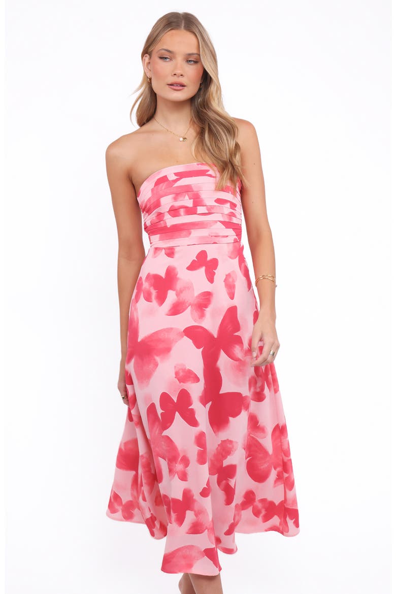 Kenna Print Strapless Midi Dress, Alternate, color, BUTTERFLY PRINT