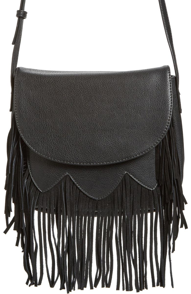 Sole Society 'Kerry' Fringe Faux Leather Crossbody Bag, Main, color, Black