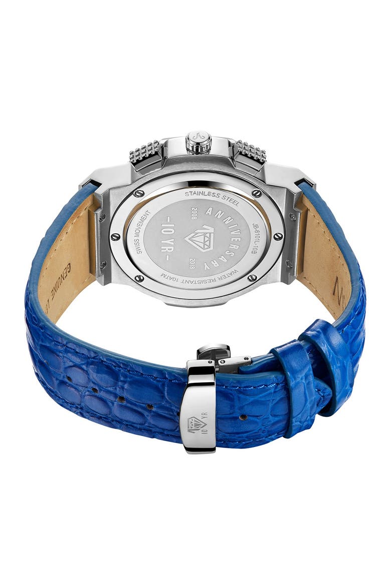 Men's Saxon Diamond Croc Embossed Leather Strap Watch, 48mm - 0.16 ctw, Alternate, color, SILVER