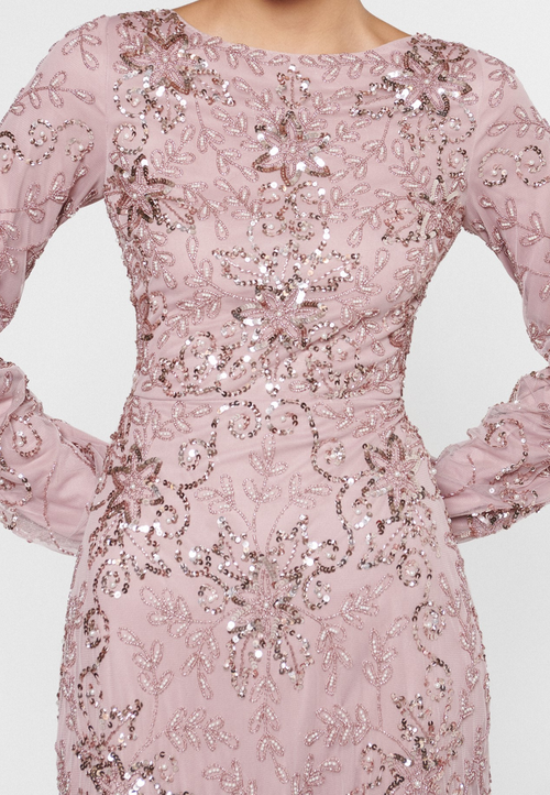 Shop Maryisa Occasion Modest Embellished Sequin Beaded Floral Evening Gown In Frosted Pink
