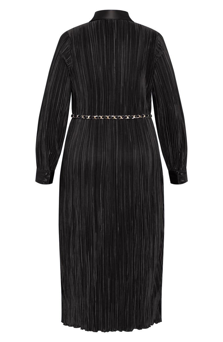 City Chic Amirah Plissé Long Sleeve Maxi Shirtdress, Alternate, color, Black