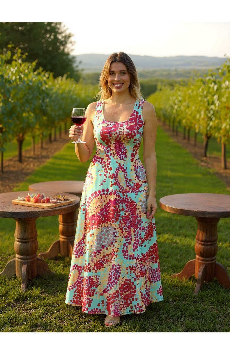 24seven Comfort Apparel Womens Abstract Scoop Neck Sleeveless A-Line Maxi Dress, Alternate, color, Blue Multi