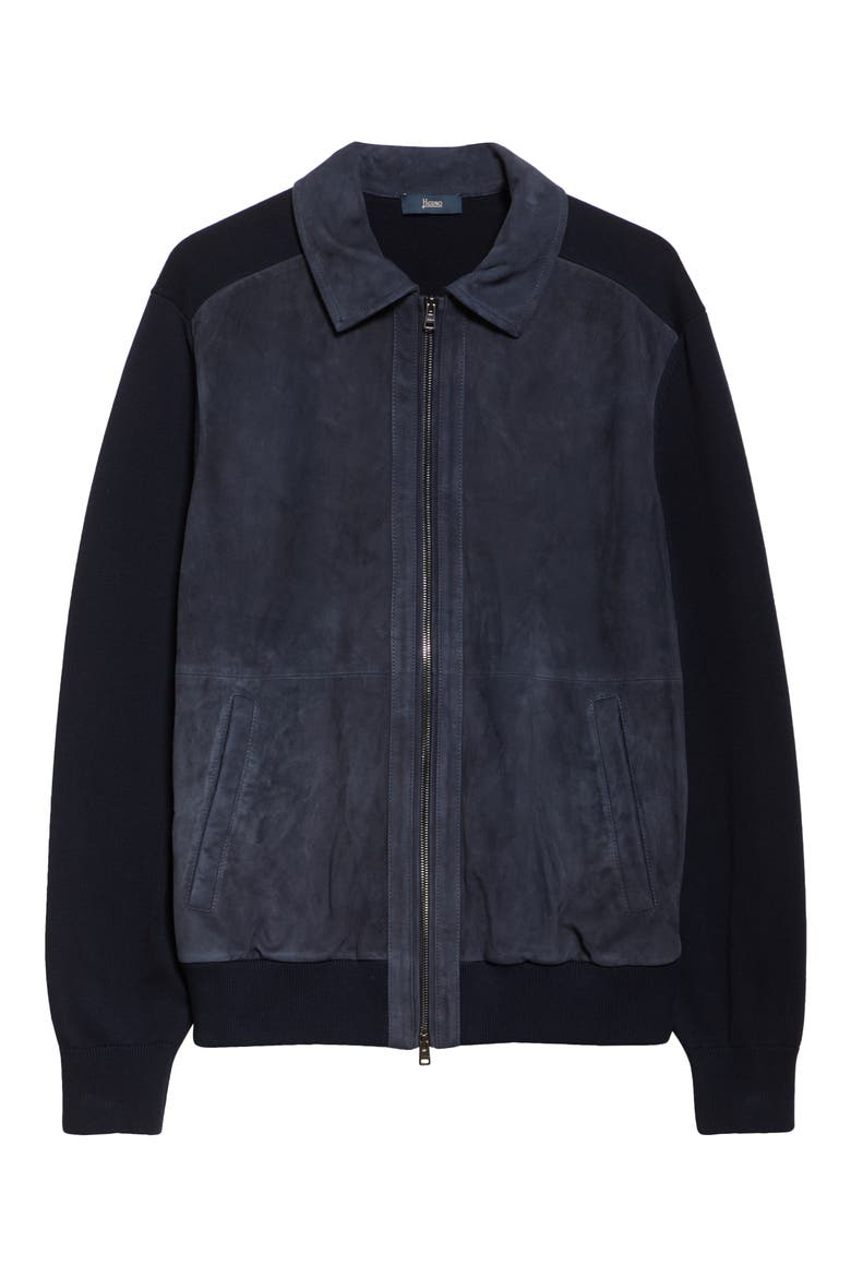 Suede & Knit Bomber Jacket, Alternate, color, NAVY