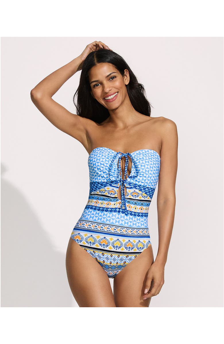 Lands
 End Ruched Multi-Way V-Neck Halter High Leg One Piece Swimsuit, Alternate, color, White Mosaic Multi Stripe