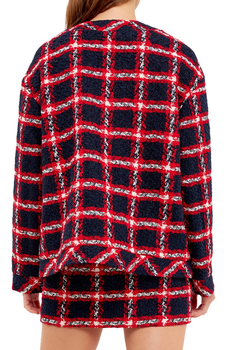 English Factory Plaid Bouclé Tweed Jacket, Alternate, color, Navy