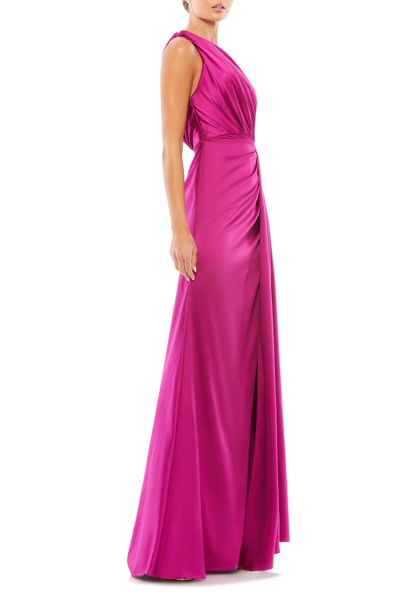 Gathered One Shoulder Satin Faux Wrap Gown, Alternate, color, BERRY