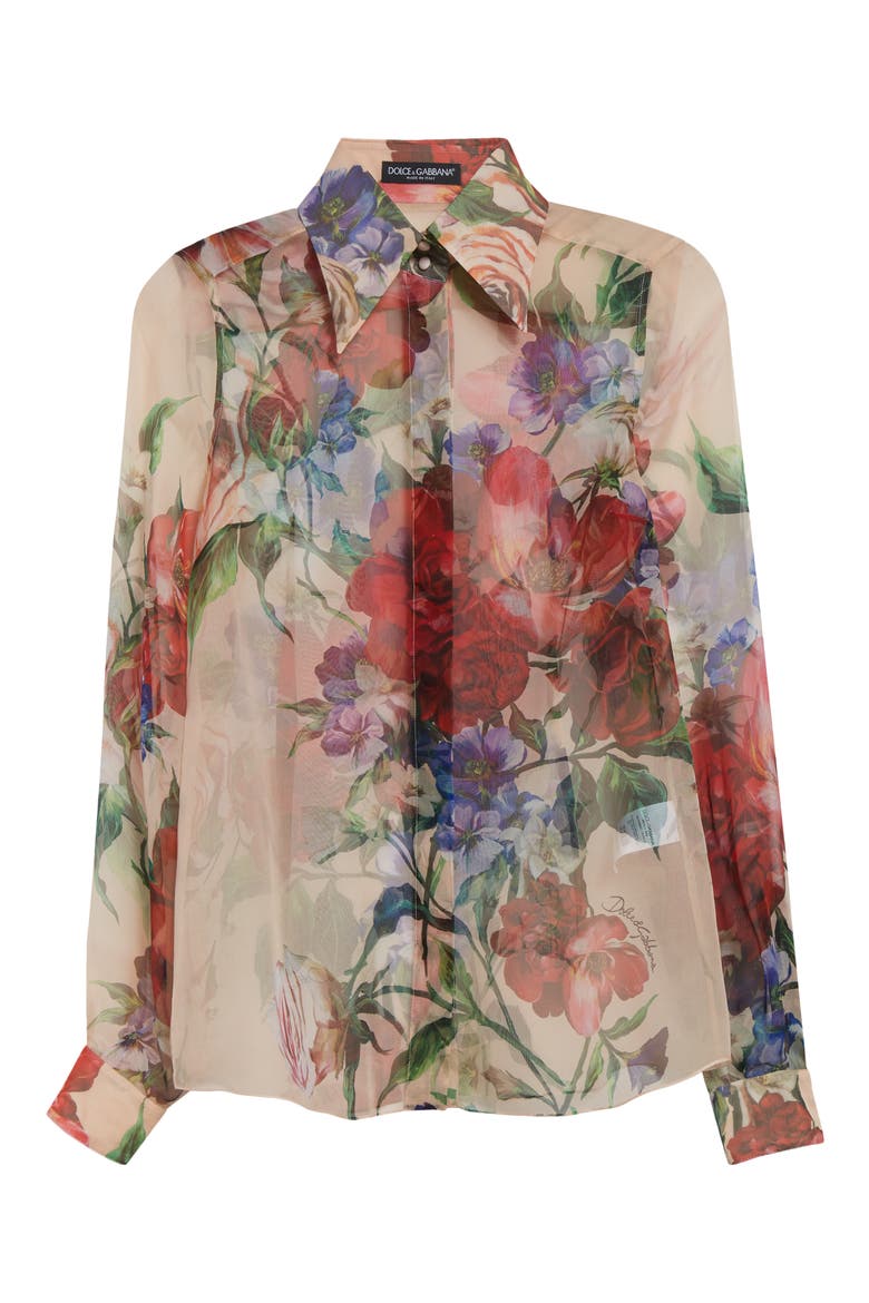 Floral Print Silk Chiffon Button-Up Shirt, Alternate, color, BEIGE PRINT FLORAL