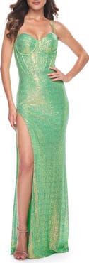 La Femme Bustier Sequin Neon Prom Dress with Lace Up Back