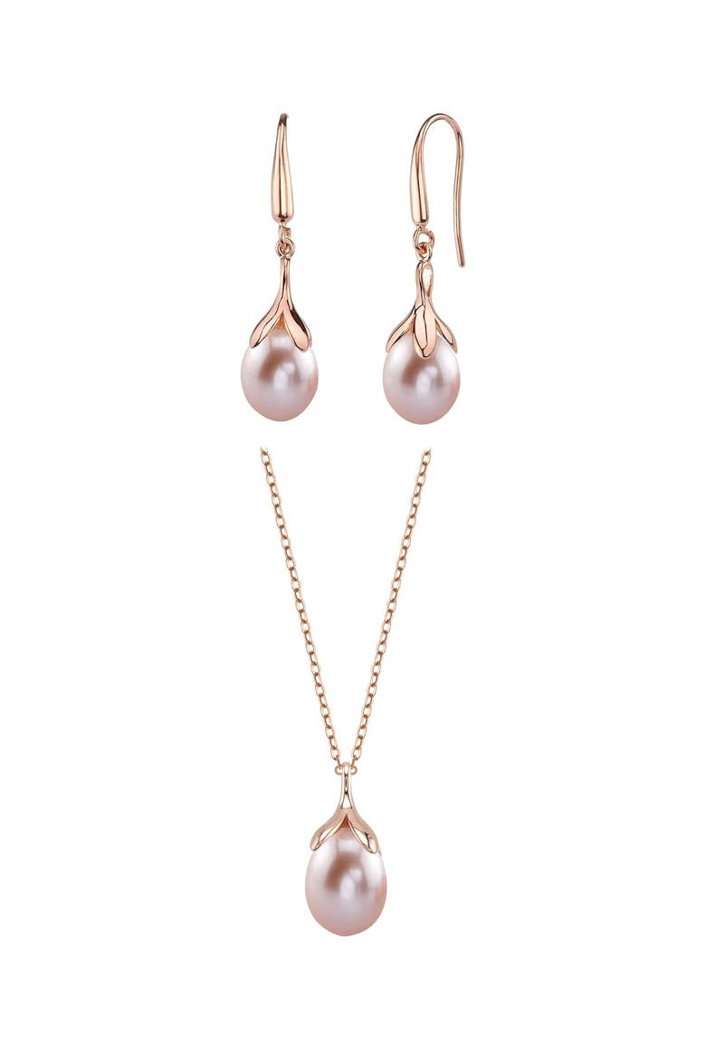 10-11mm Pink Freshwater Pearl Rose Gold Plated Olive Drop Pendant and Earrings Set, Main, color, Pink Pearls