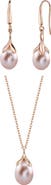 The Pearl Source 10-11mm Pink Freshwater Pearl Rose Gold Plated Olive Drop Pendant and Earrings Set