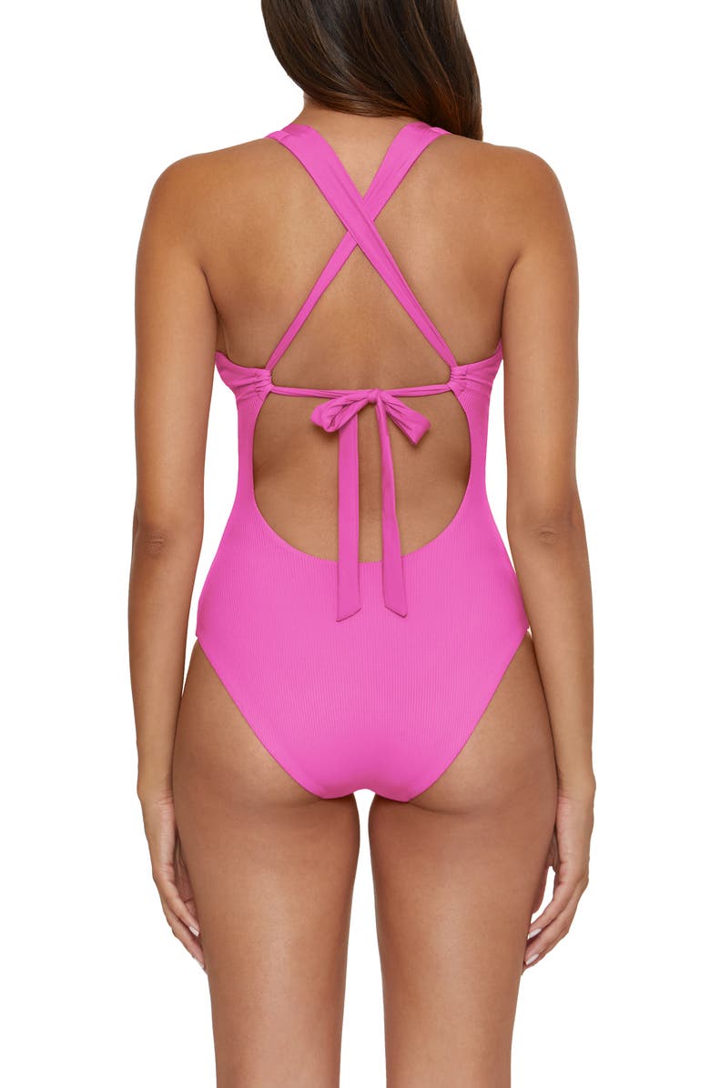 Becca Modern Edge Ribbed Lace-Up Plunge One-Piece Swimsuit, Alternate, color, Conch Pink