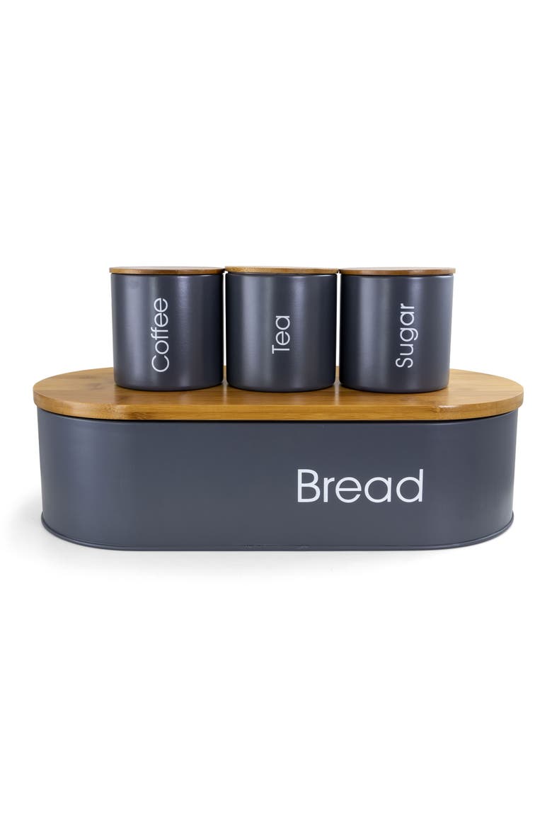 Wood Kitchen Countertop 4 Piece Metal Bread Basket and Canister Set with Lids, Main, color, Gray
